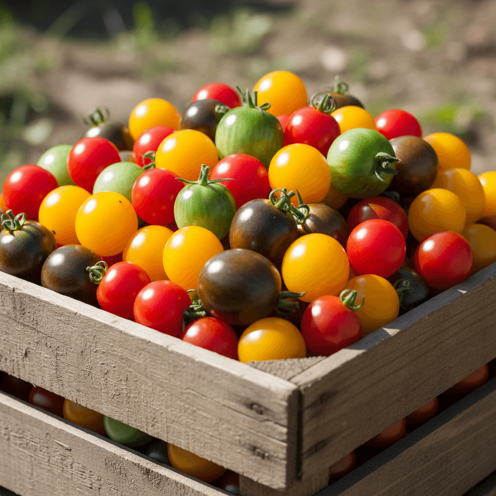 Colorful cherry tomatoes in a wooden crate with a hand holding one