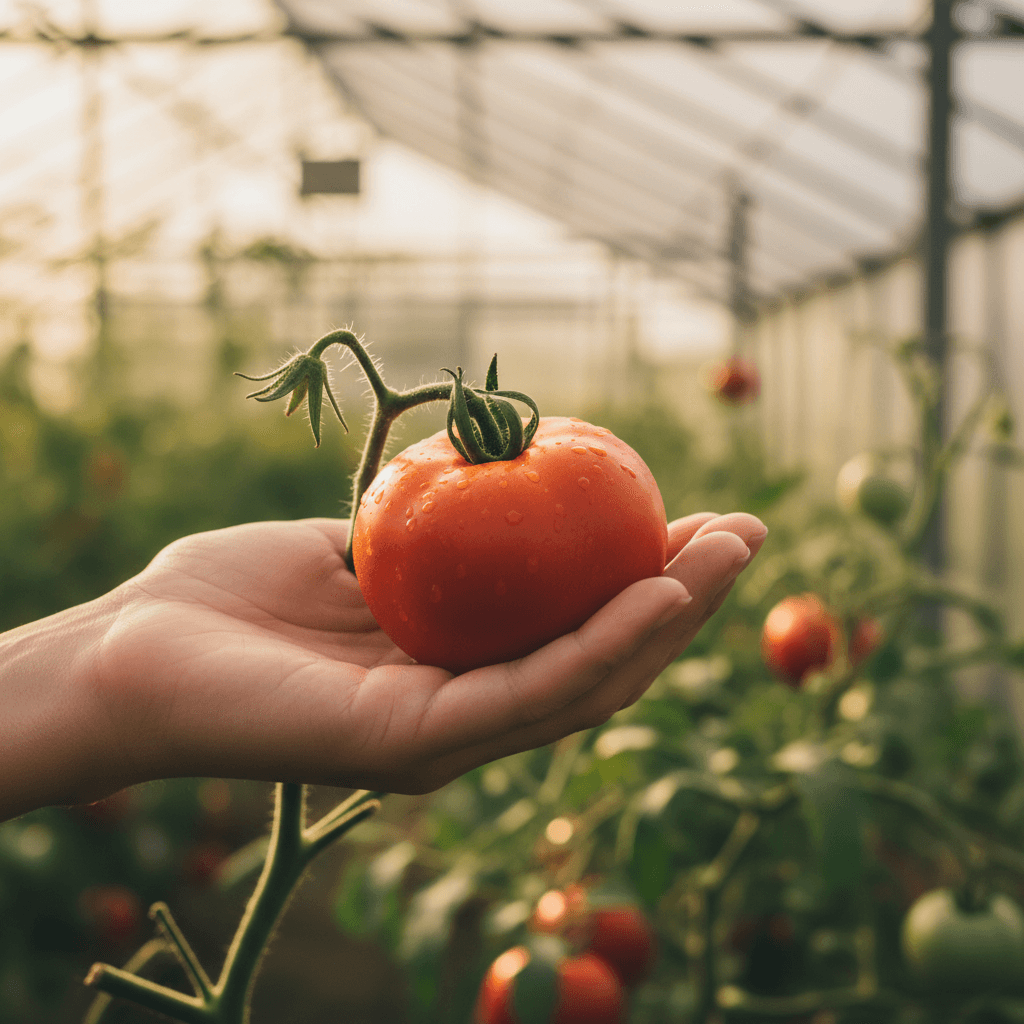 Ripe red tomato being held on the vine in a greenhouse