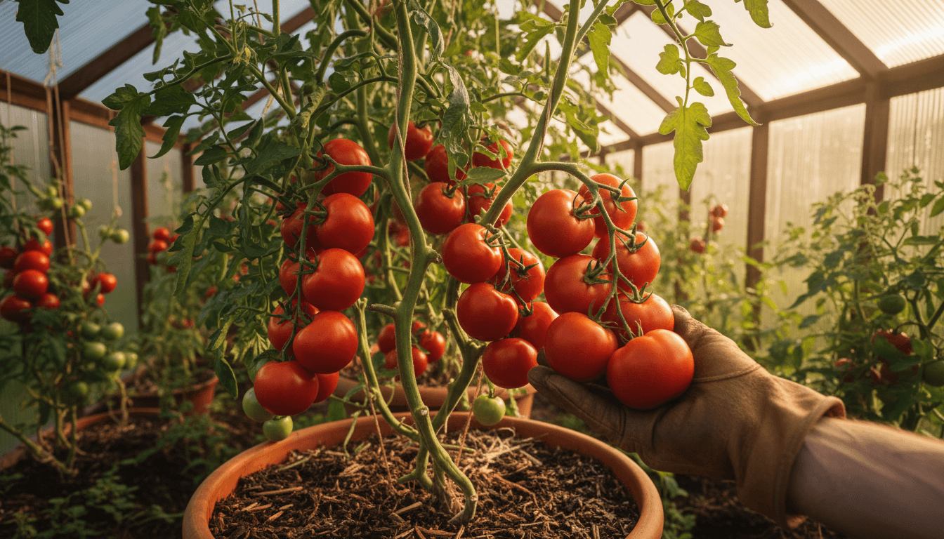 Hand supporting a ripe tomato on the vine in a greenhouse
