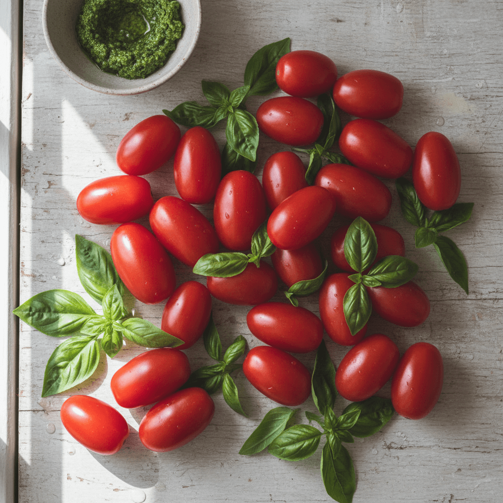 Red roma tomatoes lined up on a kitchen counter with fresh basil