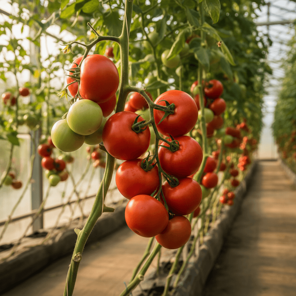 Ripe red tomatoes hanging on the vine in a bright greenhouse