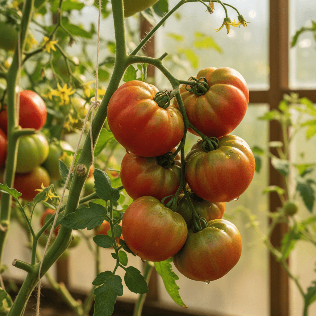Large ribbed heirloom beefsteak tomatoes ripening on the vine in a bright greenhouse