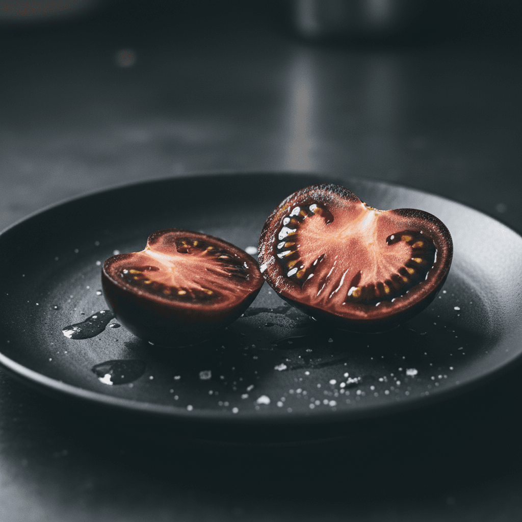 Dark Black Krim tomato cut open showing deep red flesh on a plate