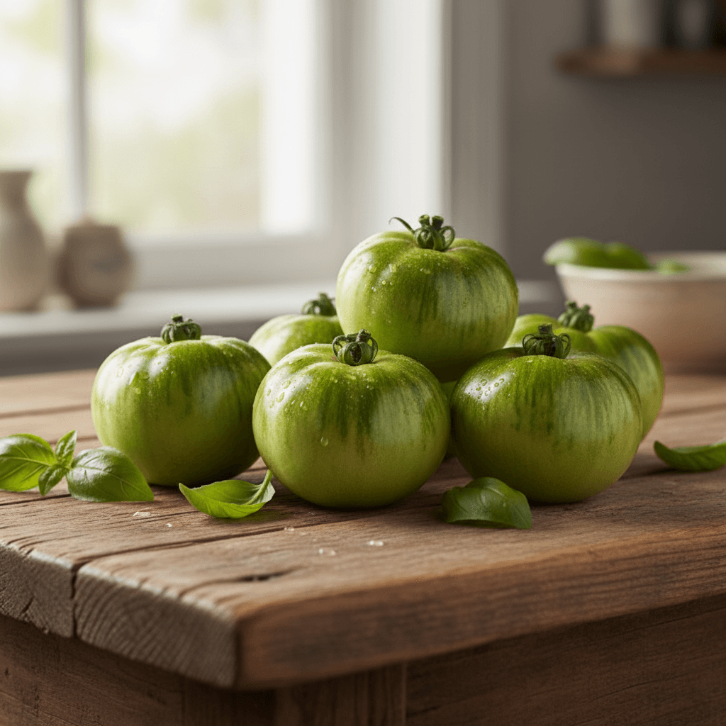 Green and gold striped zebra tomatoes stacked on a wooden table