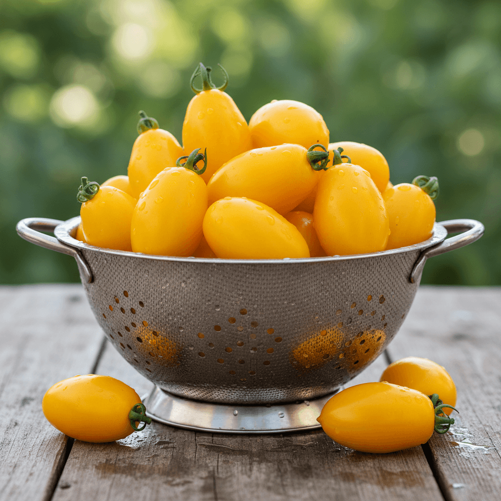 Small yellow pear-shaped tomatoes in a metal colander