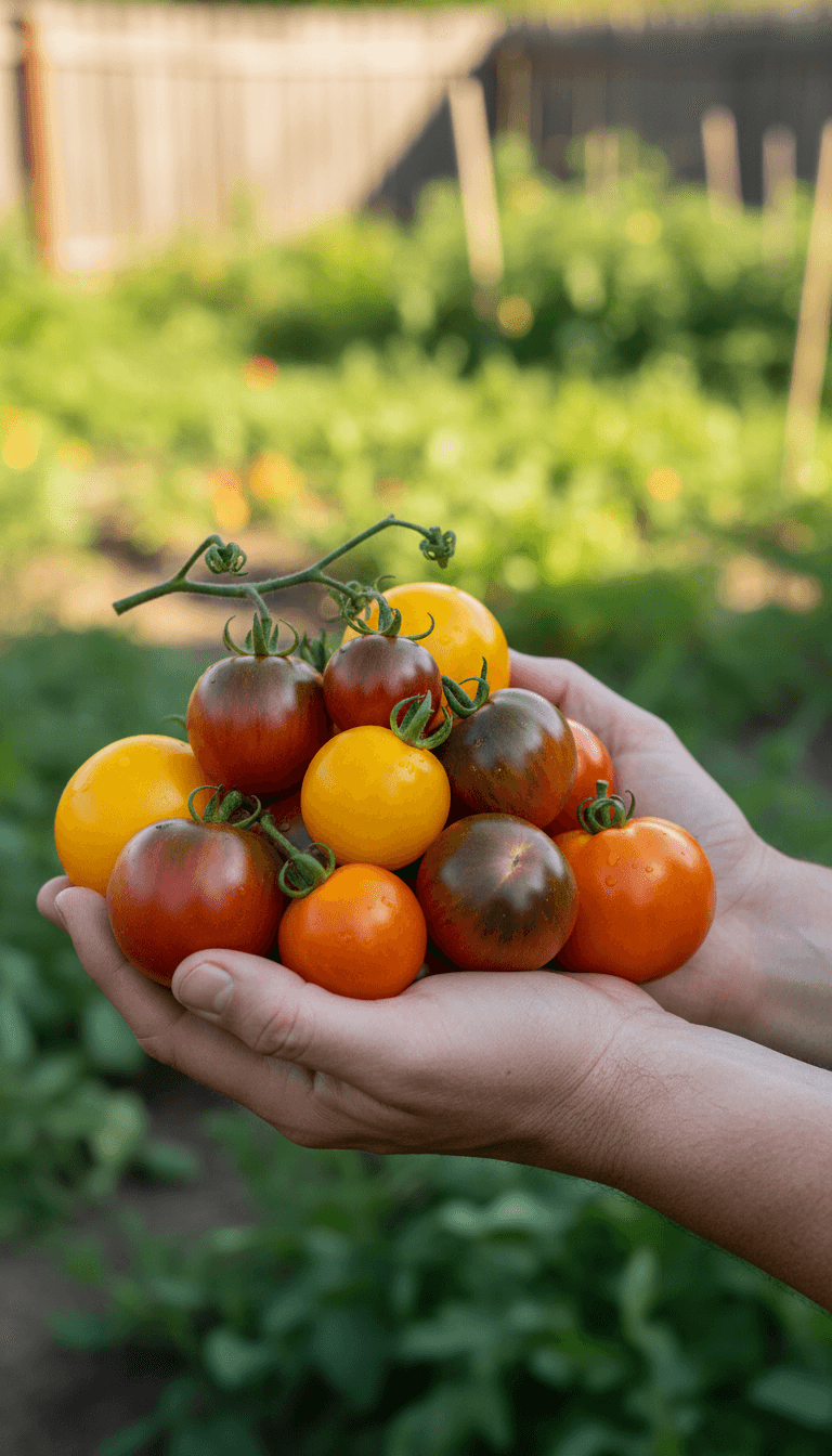Hands gently holding a mix of freshly picked heirloom tomatoes