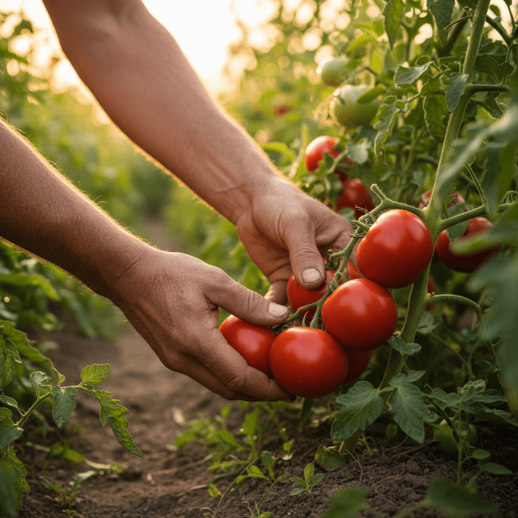 Hands holding a ripe tomato on the vine