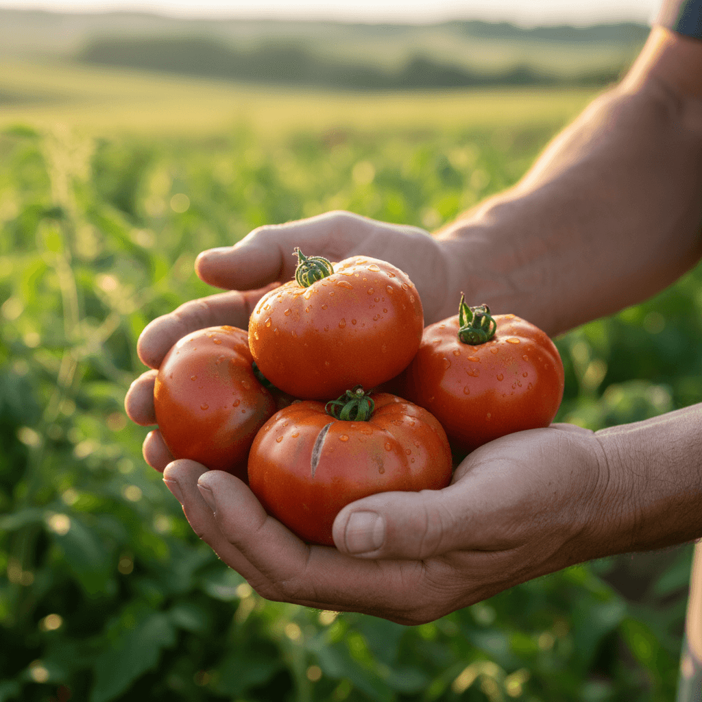 Hands holding a ripe red tomato on the vine in a greenhouse
