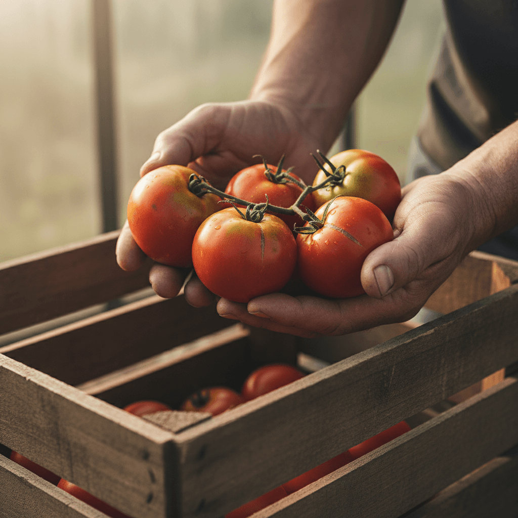 Freshly picked tomatoes in wooden crate
