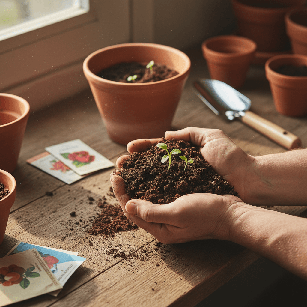 Young tomato seedlings growing in greenhouse trays