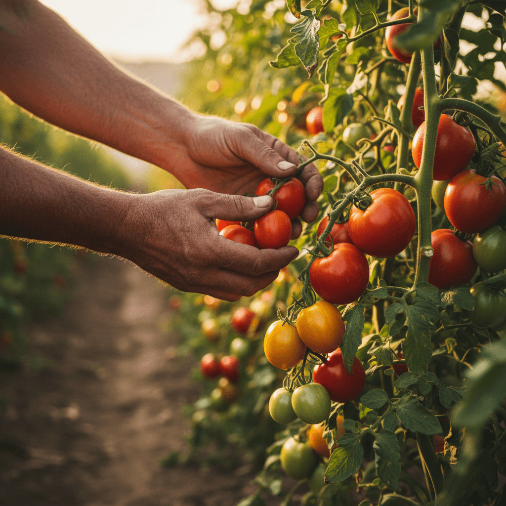 Wide view of tomato plants growing in rows inside a greenhouse