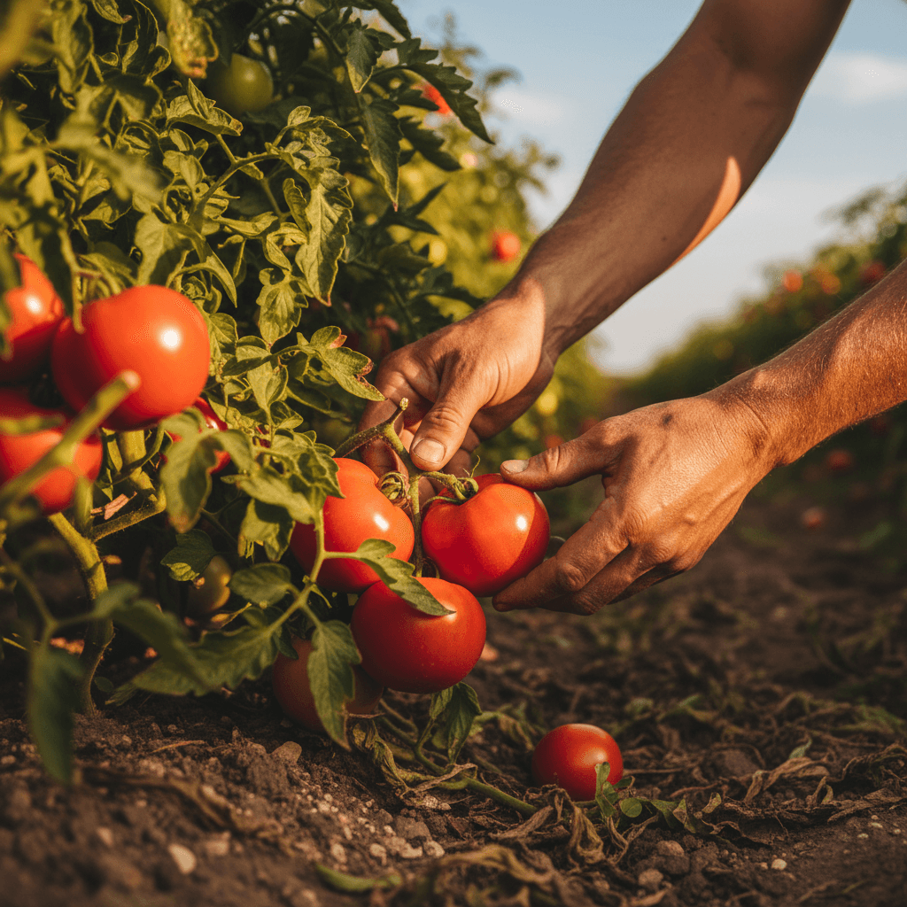 Hands harvesting ripe tomato from vine