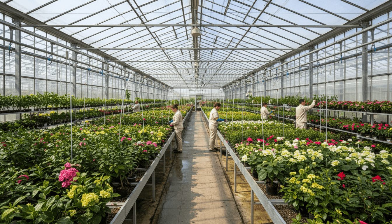 Wide view of greenhouse rows with a grower tending plants in the distance