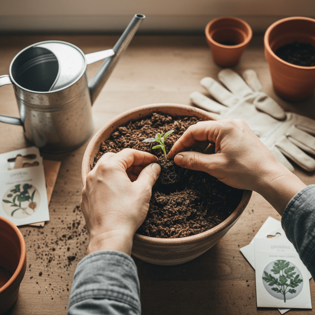 Hands planting tomato seeds in greenhouse soil